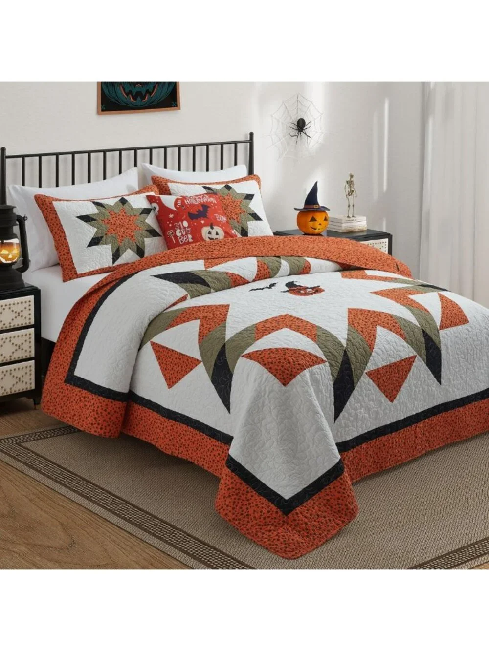 Queen Size Halloween Quilt Set - Fall Cotton Bedding, Cozy 90